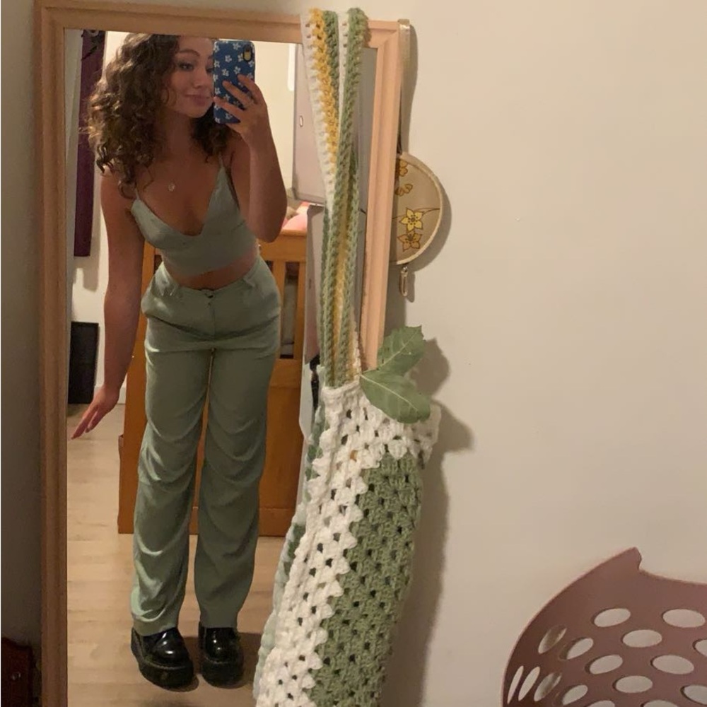 Sage green satin trousers